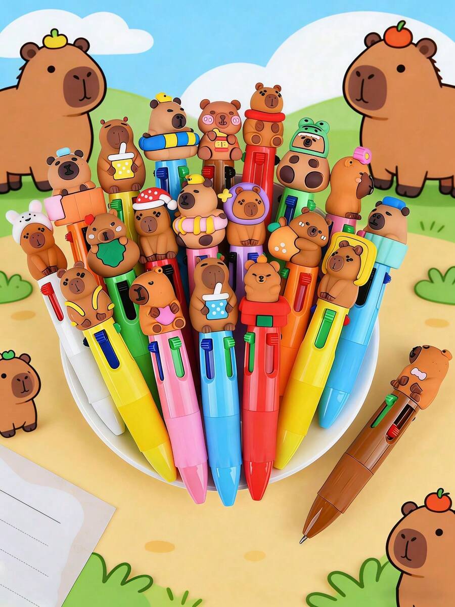 12pcs Mini Multi-Color Pen Set, 4-In-1 Cute Pens, Bulk Packaging, Fun Birthday Party Gift, Includes Multiple Ink Colors, Suitable For Birthday Party, Animal Theme Party Decoration, Classroom Reward And Office Supplies (Capybara Pattern) - Multicolor - View 1