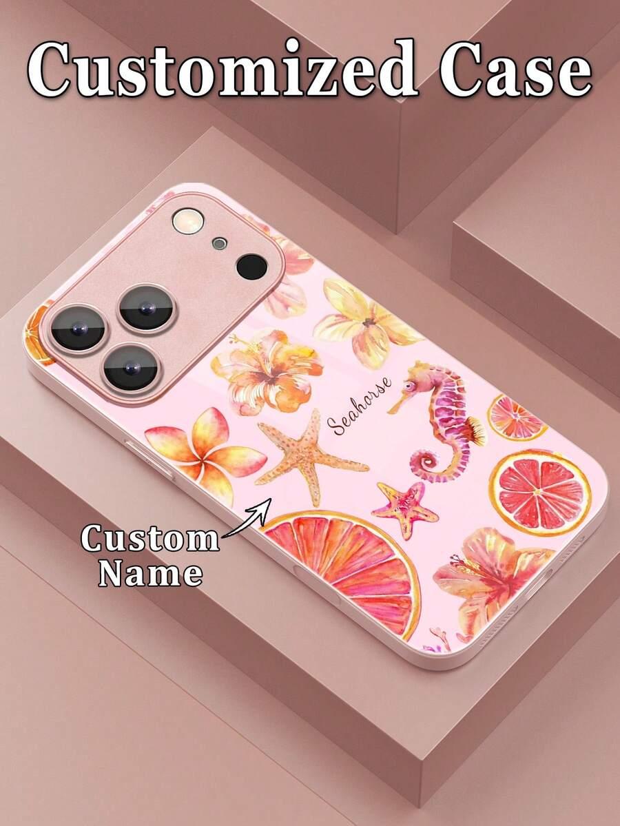 1 Stück anpassbare Name Buchstaben Ozean Kreatur Muster 2-in-1 gehärtetes Glas Handyhülle kompatibel mit Samsung S26 Ultra/S25 Ultra/S24 Serie und 17 Pro Max/16 Pro/15 Plus/14 Plus/13 Pro/12 Pro Max/11/Xs Max/8/7/6 Plus Ozean Elemente bestes Geschenk für Freunde, Vater, Mutter, Freund, Freundin - Pink - Übersicht 1