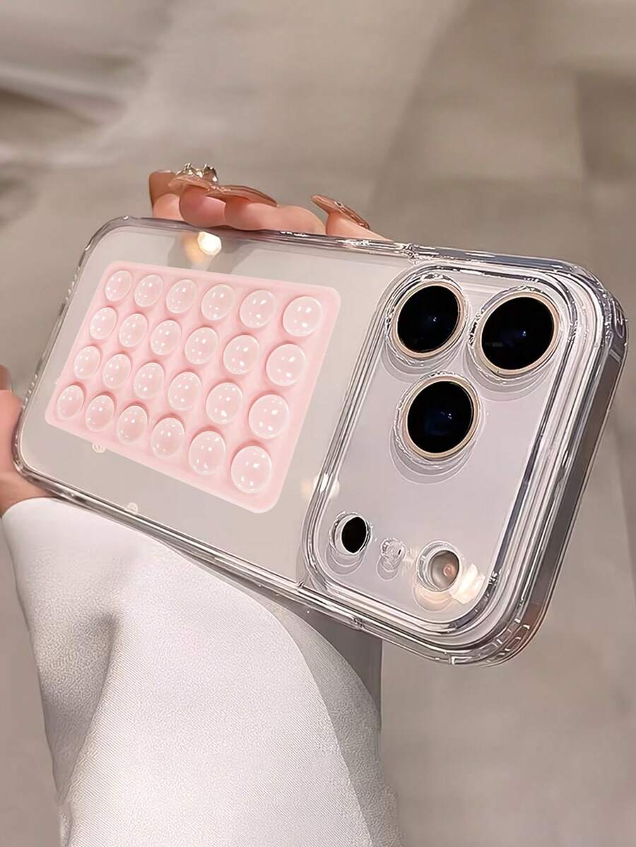 2pcs - Luxury Transparent Phone Case + Single-Sided Suction Cup, Compatible With IPhone 17/16/15/14/13/12 Pro Max, Transparent Thin Design, Soft Edge Hard Shell Anti-Drop Back Cover, Can Adhere And Fix Phone Back To Bathroom Wall To Prevent Slipping - Pink - View 1