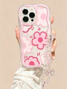 1pc Pink Floral + Chain Phone Case For Apple 17 Pro Max, Shockproof For IPhone 16/15/14/13 - Pink - View 1