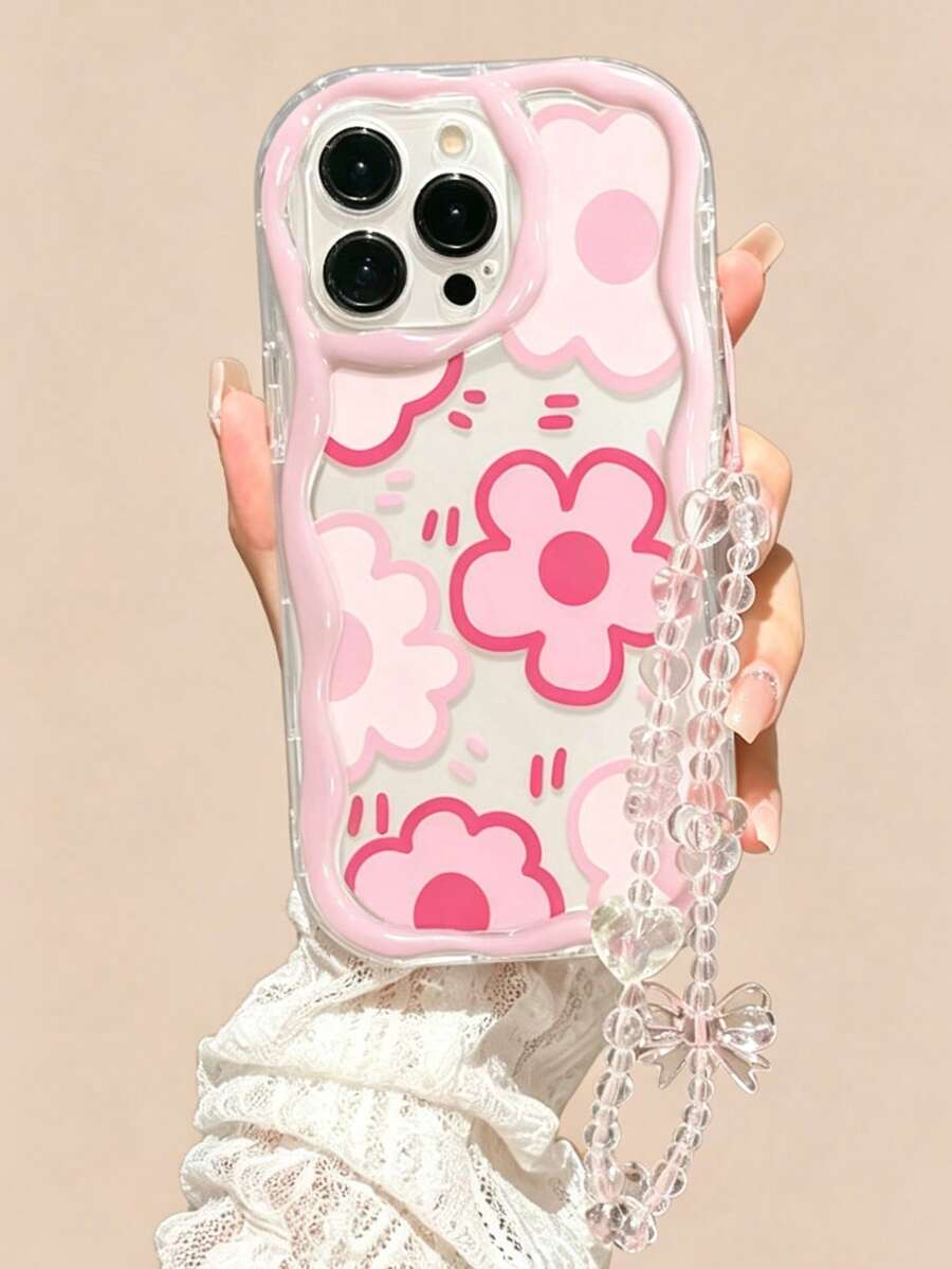 1pc Pink Floral + Chain Phone Case For Apple 17 Pro Max, Shockproof For IPhone 16/15/14/13 - Pink - View 1