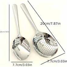 Questo set di utensili da cucina in due pezzi, realizzato in acciaio inossidabile rinforzato, include una cucchiaia e uno scolapasta resistenti al calore, adatti sia per uso domestico che commerciale. - Visualizzare 2