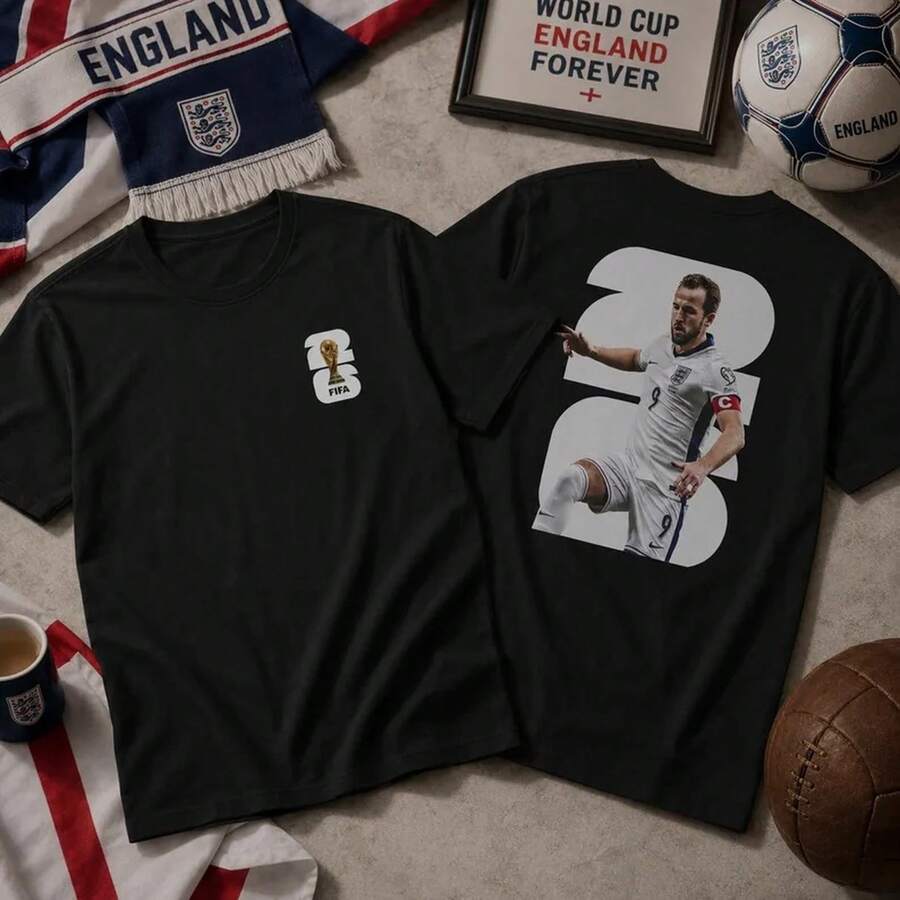 Camiseta de Harry Kane para la Copa de Inglaterra, Camiseta de Fútbol de Inglaterra 2026, Camiseta con Gráfico del Trofeo , Regalo para Hombres para el Día del Partido - Negro - Ver 1