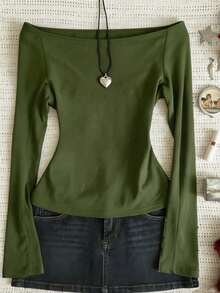 ENGU CO. Back To School Y2K Basic Off-Shoulder Solid Color Slim Fit Long Sleeve Casual T-Shirt Top - Olive Green - View 2