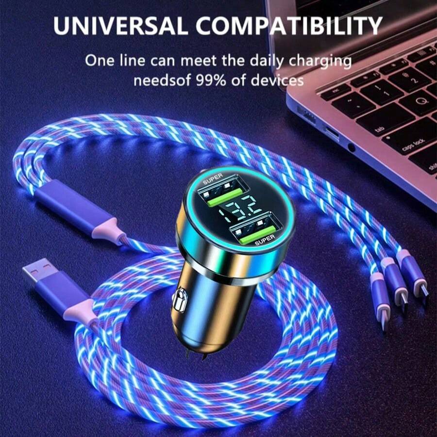 120W Car Charger+3-In-1 Led Illumination Cable 2USB Car Power Charger 3.1A With Voltage Detection Multi-Port Car Power Adapter,6 Devices Simultaneously | Universal For All Cars | Smart Chip & Durable Braided Cable - Default - View 1