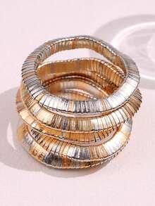 5pcs/Set European And American Style Gold & Silver Elastic Rope Bracelets, Minimalist INS Fashion Bracelet Set, Suitable For Women's Daily Wear - Multicolor - View 1