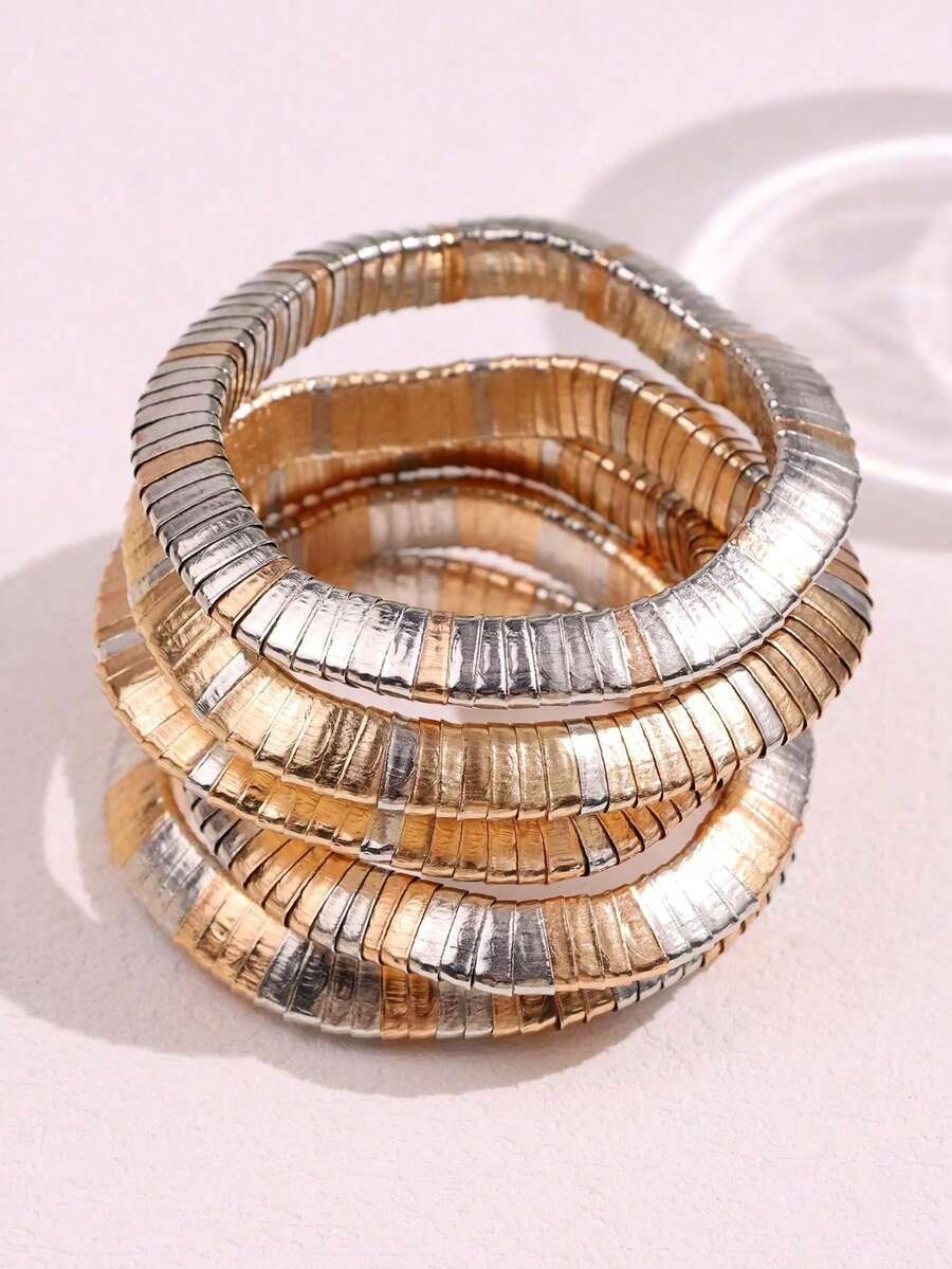 5pcs/Set European And American Style Gold & Silver Elastic Rope Bracelets, Minimalist INS Fashion Bracelet Set, Suitable For Women's Daily Wear - Multicolor - View 1