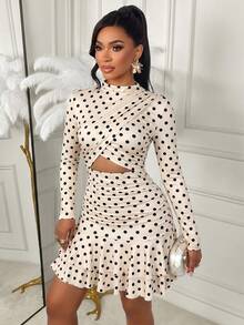 AIJ Gaun Mini A-Line Lengan Panjang Motif Polkadot untuk Wanita, Desain Kerah Tegak dengan Lipatan dan Rumbai Elegan, Gaya Vintage - Dasar warna aprikot dengan bintik-bintik hitam - View 4