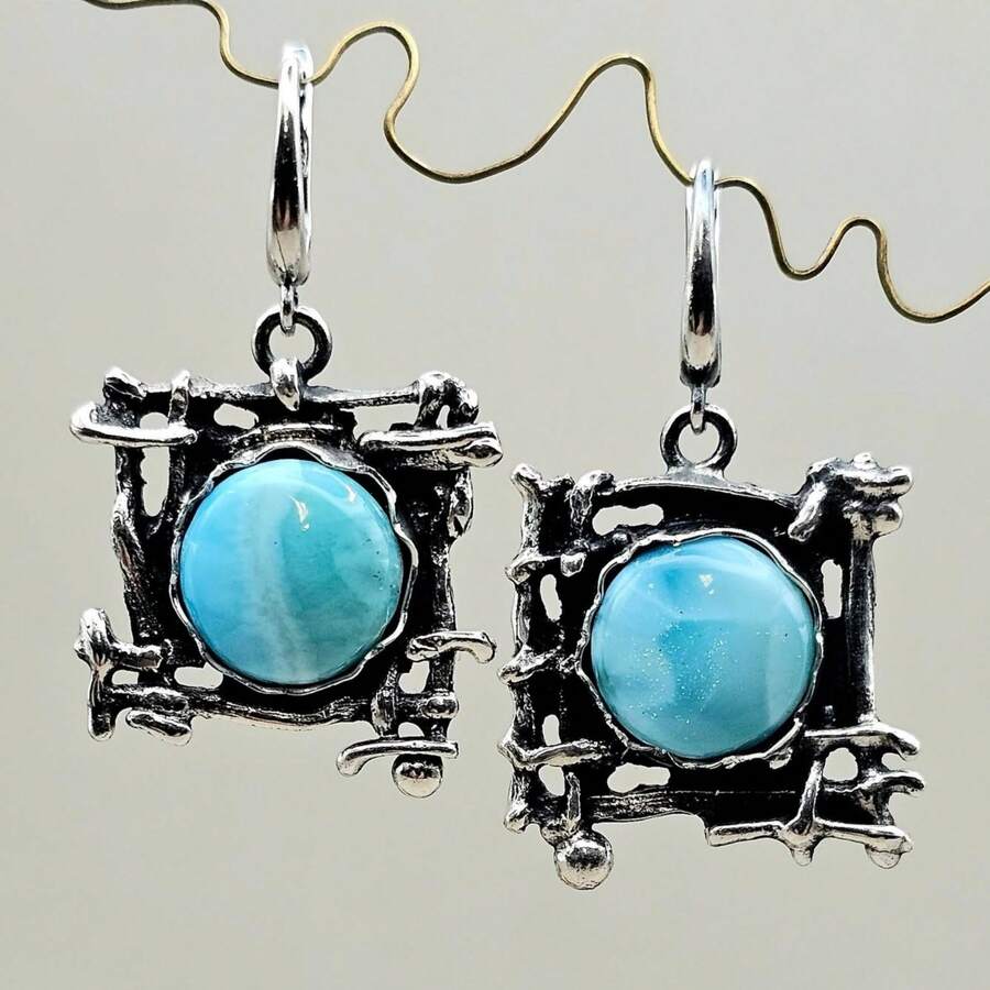 Gmzalx Women's Vintage Branch Texture Hanging Earrings, Versatile Elegant Daily Commute Accessory - Light Blue - View 1