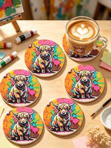 6/1pc Round Wooden Highland Cow Graffiti Print Coaster, Heat-Resistant Coffee Cup Insulation Pad, Colorful Street Art Animal Desktop Decor, Home Kitchen Supplies, Birthday Holiday Party Favor, Gift For Cow Lovers Boyfriend/Girlfriend - Multicolor - View 9