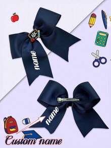 1/2pcs Customized Back To School Women Girls Bow Hair Clips, Personalized Name, Apple ABC Pencil Blackboard Elements, White Yellow Navy Blue - Multicolor - View 3