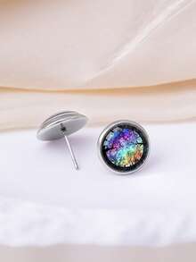 1對夢幻森林星空圖案316不鏽鋼圓形耳釘耳環，適合女性日常配戴 - 紫色 - 查看 5