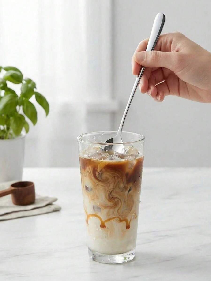 4pcs/8pcs Creative Stainless Steel Long Handle Spoons, Household Restaurant Stirring Spoons, Coffee Spoons, Korean Style Dessert Milk Tea Small Spoon - Silver - View 1