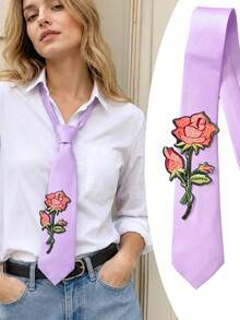 Floral Hand-Made Tie Embroidered Flower Fashion Tie Simple Versatile Tie Solid Color Tie Suitable - Light Purple - View 1