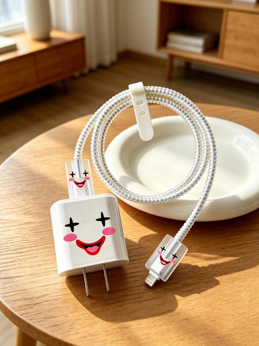 20W/18W通用透明小丑充電頭保護套,USB充電孔保護蓋,1.4m數據線保護套,線材套管,防斷充電線,防彎折接頭,通用保護套 - 無色 - 查看 1