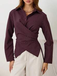 Women's Elegant Design Front Cross Tie Waist Long Sleeve Collared Striped Shirt, Striped Tie Front Button Asymmetrical Commute Office Daily - Burgundy - View 4