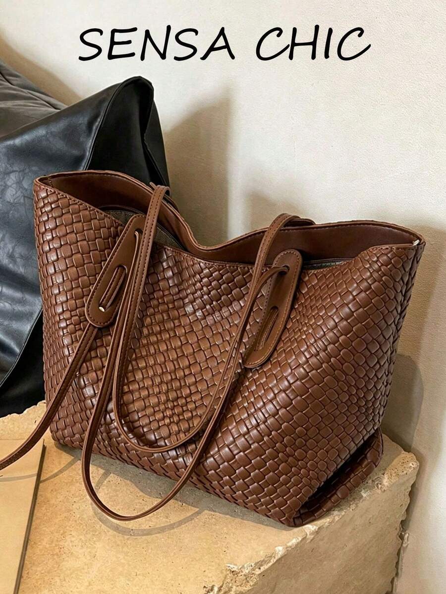 Minimalist Large Woven Pattern Tote Bag, Smooth Pu Brown With Dual Long Handles, Roomy Daily Bag Suitable For Work Shopping Short Trips - Brown - View 1