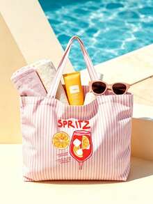 1/2pcs Striped Tote Bag And Makeup Bag, Printed With "Lemon" Pattern, Suitable For Vacation, Commute, Shopping, Gift For Family And Friends - Multicolor - View 7