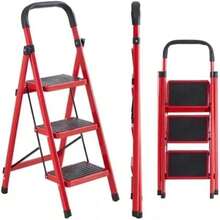 3-Step Folding Ladder, Aluminum, Indoor/Outdoor Step Ladder, Portable Multifunctional (Red, 3 STEPS) - C - 查看 1