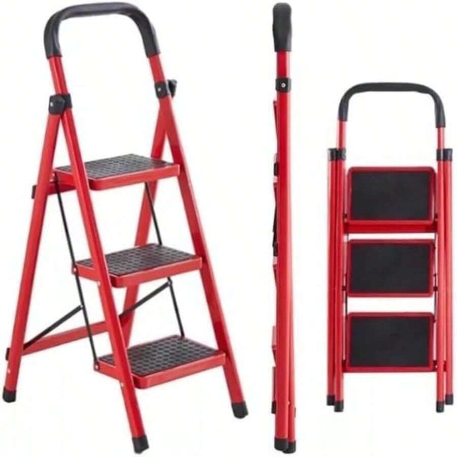 3-Step Folding Ladder, Aluminum, Indoor/Outdoor Step Ladder, Portable Multifunctional (Red, 3 STEPS) - C - 查看 1