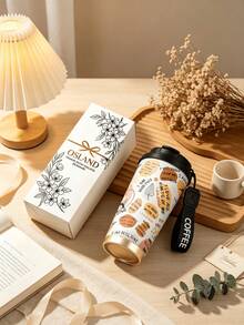 1pc/5pcs 500ml Positive Quote Insulated Car Cup, Stainless Steel Material, Heat & Cold Retention, Flip Lid Design, Portable Lanyard, Suitable For Office, Travel, Study, Self-Love Gift, Holiday & Birthday Gift - White-brown Lettering - View 2