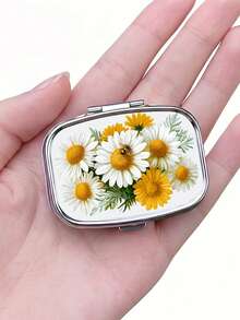1pc Elegant Yellow & White Daisy Pattern Square Portable Small Pill Box, High-Quality Durable Metal Shell, 2-Layer Storage For Pills, Vitamins And Keepsakes, Pocket Size, Creative Gift - Multicolor - View 4