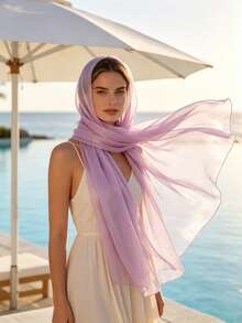 1PC Natural Solid Color Muslim Hijab, Island Shiny Silk Long Scarf, Arabic Scarf Thin Breathable - Taro Purple - View 5