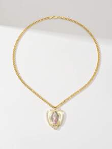1PC Women's Pendant, 14K Gold Plated Copper Material Inlaid With Zirconia, Double Layer Heart Wing Pink Cloak Virgin Mary Pendant Design Paired With Cuban Chain, Suitable For Daily Commute, Dating, Church Worship, Birthday, Valentine's Day, Christmas, Easter, New Year Gift, Women's Heart Religious Accessory - Yellow Gold - View 11