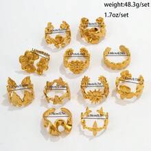 304 Stainless Steel Ring Set, Geometric Flower & Leaf Design, Premium Titanium Steel, 18K Gold, Fade-Resistant Jewelry Accessories - Gold - View 5