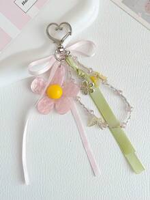 1pc INS Style Contrast Color Floral Hanging Ornament Pink Daisy Heart Keychain Ribbon Bow Beaded Bag Charm Accessory - Multicolor - View 1