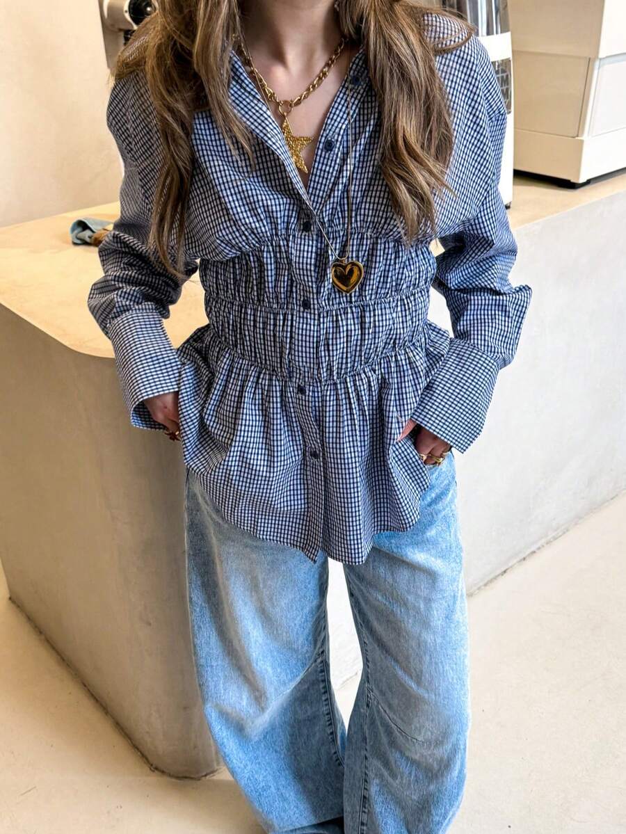 Women's Elegant Commute Street Casual Plaid Checkered Shirt Blouse, Elastic Waist Gathered Design, Shirt Collar Front Button Placket, Long Sleeve, Perfect For Spring And Autumn Outfits And Daily Casual Workplace Commute Wear - Blue - View 1