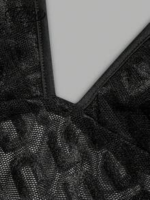 Body femme en maille géométrique, col licou, décolleté en V profond, dos à nouer soi-même, transparent, moulant - Noir - Voir 6