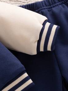 Spring/Autumn Boys' College Style Bear Baseball Jacket 2-Piece Set, Colorblock Raglan Long Sleeve With Cream Contrast Striped Collar, Cuffs And Hem, Matching Same-Color Elastic Cuffed Sweatpants, Suitable For School, Sports, Outings And Preschool, Cute Casual Outfit For Toddlers And Young Children - Royal Blue - View 7