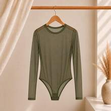 Basic Tulle Bodysuit With Long Sleeves - Fall/Winter 2025 Fashion - Army Green - View 2
