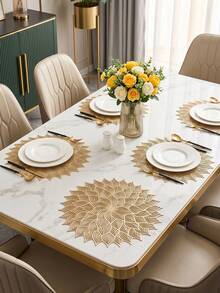 8pcs/set Hollow Out Flower Pvc Placemats (4pcs) And Coasters (4pcs), Washable, Easy To Clean, Wipeable, Non-slip, Heat Resistant, For Holiday, Wedding, Party And Festival Table Decoration - Gold - View 2
