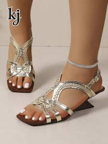 Women's High Heel Sandals, Non-Slip Comfortable Soft Sole Leather Woven Knotted Solid Color Square Toe Low-Top Cross Strap Back Strap Ankle Buckle Asymmetric Chunky Heel Sandals, European And American Vintage Style, Spring Summer Office Commute Date Shopping Vacation Travel Daily Wear, Beige Brown Color Block Women's Shoes - Gold - View 4