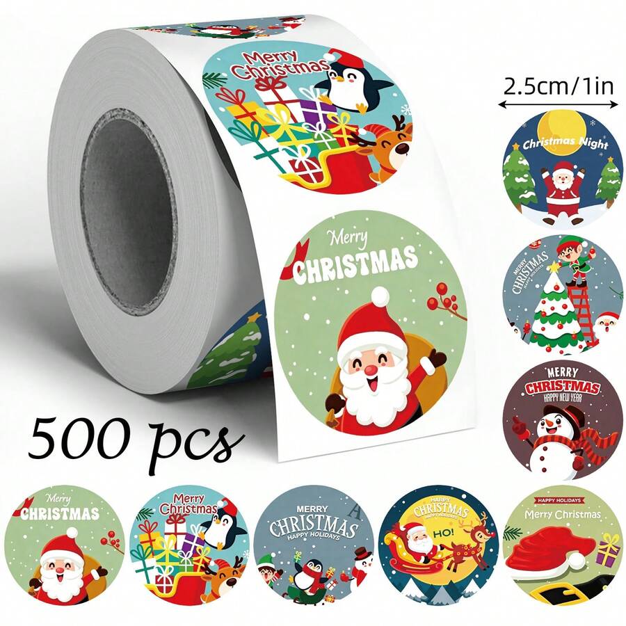 500pcs Cartoon Christmas Doodle Roll Stickers, 1 Inch Round 8 Patterns Cycle Merry Christmas, Office Stationery Stickers, Back To School, First Day Of School - Multicolor - View 1