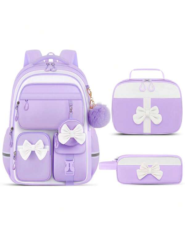 4pcs Sweet Backpack Set, Detachable Bowknot, Laptop Compartment Inside, Zipper Closure Design, Can Be Used As Handbag