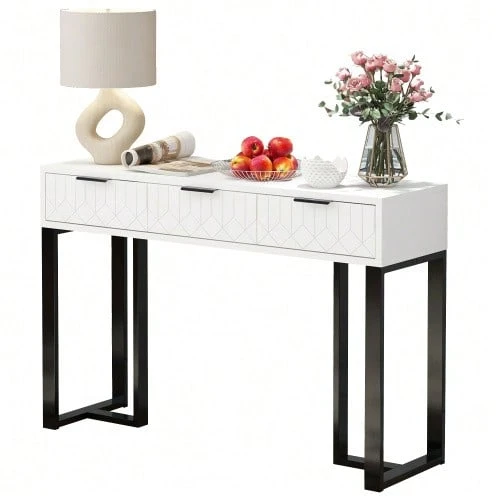 Modern Console Table With Drawers, Gold-Colored Frame, Adjustable Feet, And Elegant Handles (White+Black) - 黑與白 - 查看 1