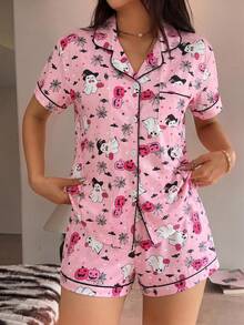 2pcs/Set Women's Halloween Ghost Pufferfish Bat Print Short Sleeve Top And Bow Shorts Pajama Set, Spring/Summer - Pink - View 1