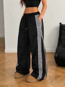 Women's Black Wide Leg Sweatpants, Grey Contrast Side Panels, White Trim, Drawstring Elastic Waist, Suitable For Casual Daily Wear - Black - View 1
