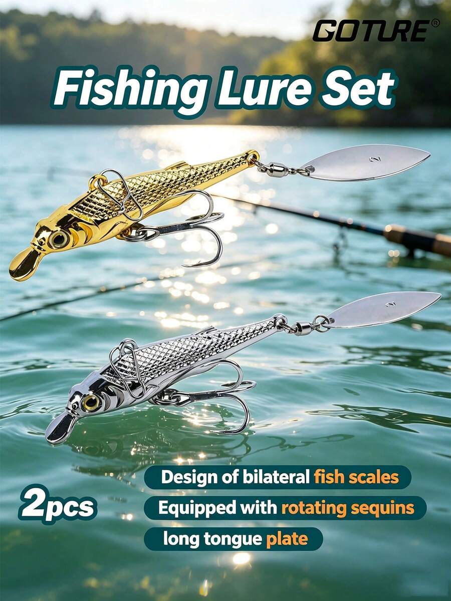 GOTURE 2件組金屬小魚路亞,3D逼真眼睛,鋒利鉤尖,長舌片,逼真魚鱗,VIB旋轉閃光,全水層釣魚路亞 - 彩色 - 查看 1