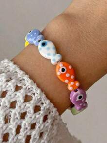 1pc Children's European & American Bohemian Style Ceramic Fish Bead Colorblock Bracelet, Cute Daily Accessory - Multicolor - View 1