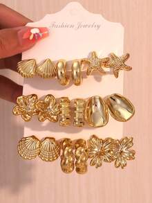 6/18pcs Gold Fashion Women's Earring Set, Fashionable Elegant Floral Geometric Multi-Element Gold Metallic Earring Set, Women's Fashion Earring Set (Lightweight CCB Material, Non-Fading) - Gold - View 1