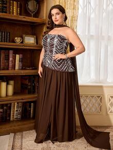 Elegant Plus Size Formal Dress, Strapless Beaded Sequin Gown With Asymmetrical Trumpet Hem, Paired With Flowy Soft Chiffon Shawl - Coffee Brown - View 7