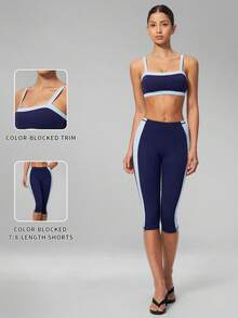 MFVIM Women 2 Pieces Yoga Set, Colorblock Square Neck Camisole Top & High Waist Slimming Capris Anti-Exposure - Navy Blue - View 3