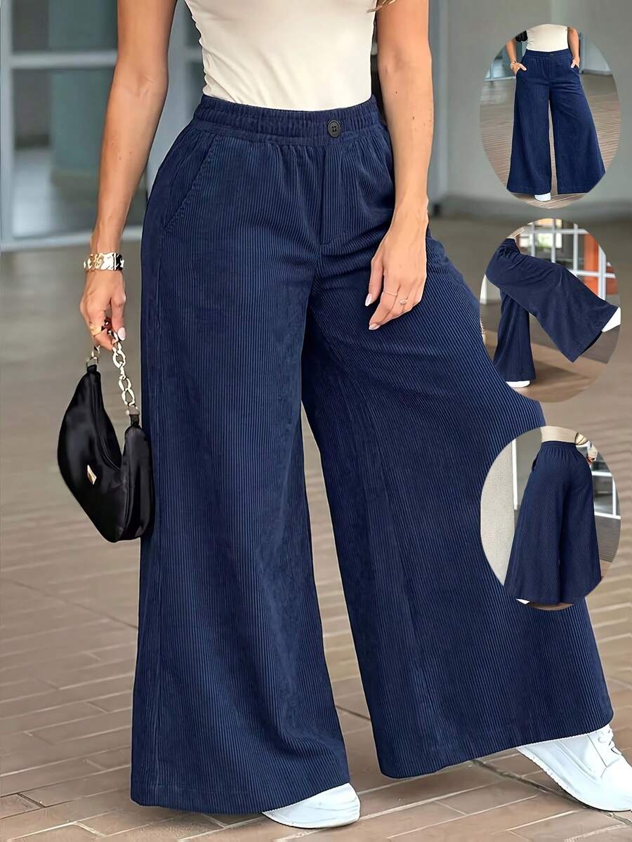 Women's Fashion Polyester Wide Leg Pants With Pockets, Long Corduroy Flare Pants, Suitable For Autumn Wear - Navy Blue - View 1