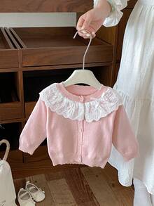 Baby Girl Pink Lace Collar Bow Knitted Cardigan, Soft And Gentle Long Sleeve Outerwear Sweater For Spring And Autumn - Pink - View 1