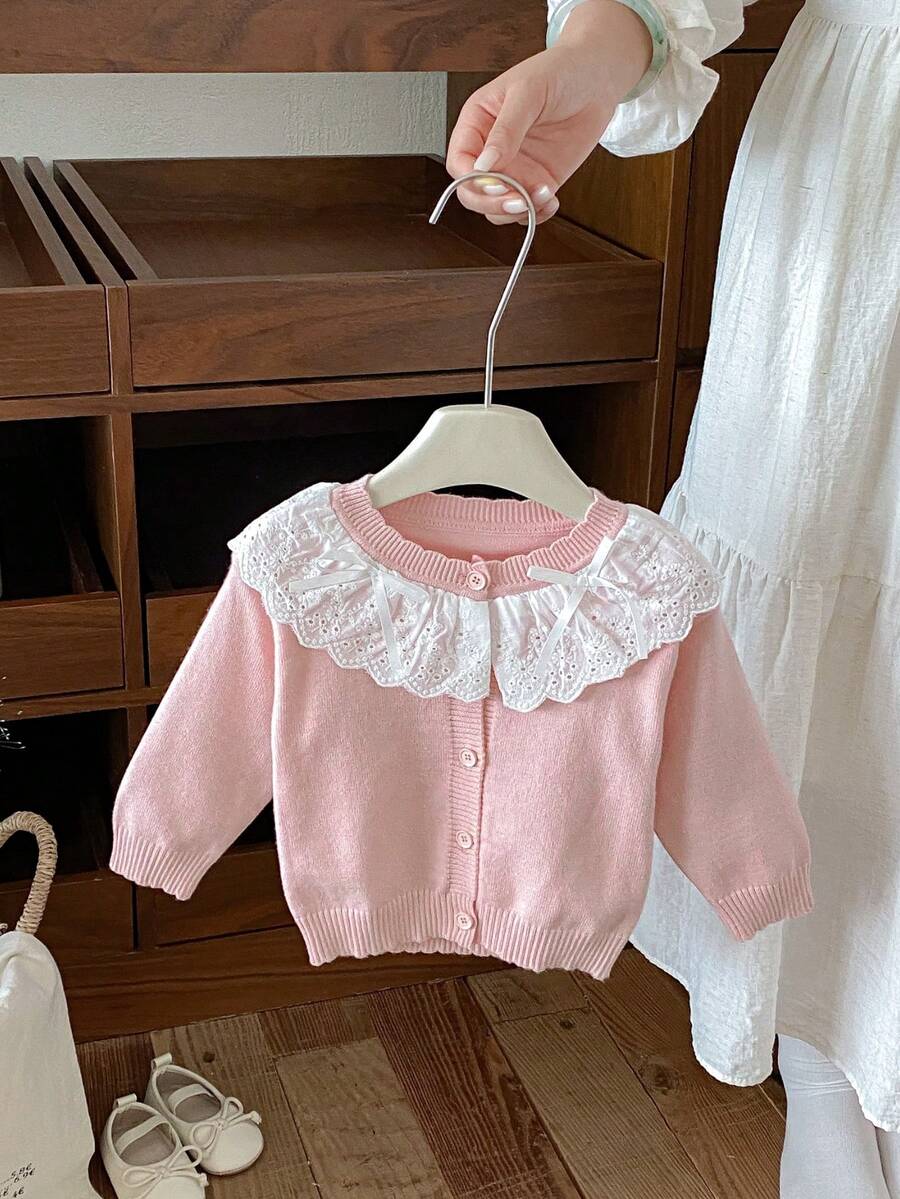 Baby Girl Pink Lace Collar Bow Knitted Cardigan, Soft And Gentle Long Sleeve Outerwear Sweater For Spring And Autumn - Pink - View 1