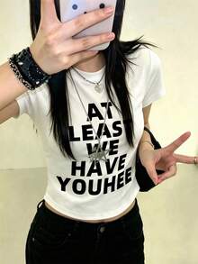 女款圓領短袖T恤，夏季新款字母印花，美式辣妹風，時尚休閒百搭修身短版上衣，白色 - 白色 - 查看 8
